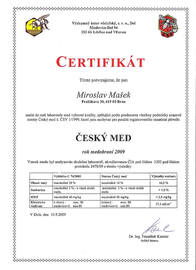 Certifikát med kvetový 2009