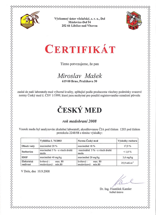 Certifikát med květový pastový 2008
