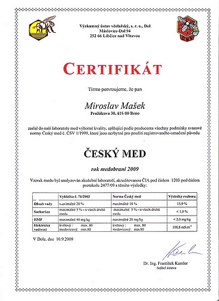 Certifikát med medovicový 2009