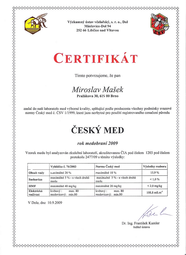 Certifikát med medovicový 2009