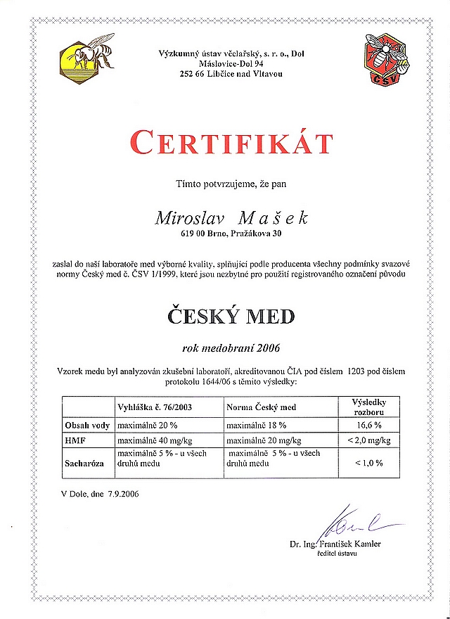 Certifikát med květový pastový 2006