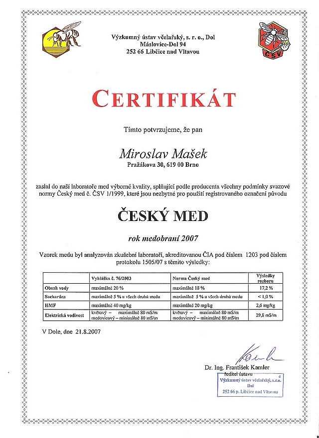 Certifikát med květový pastový 2007