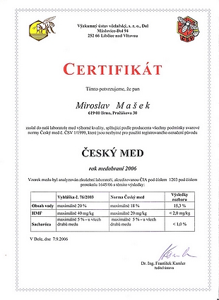 Certifikát med medovicový 2006