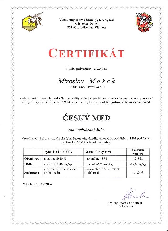 Certifikát med medovicový 2006