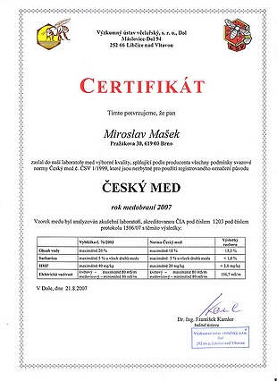 Certifikát med medovicový 2007