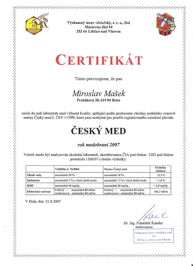 Certifikát med medovicový 2007